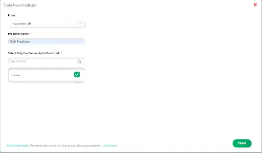 MindsDB train new predictor dialog selecting smoker column for BMI prediction