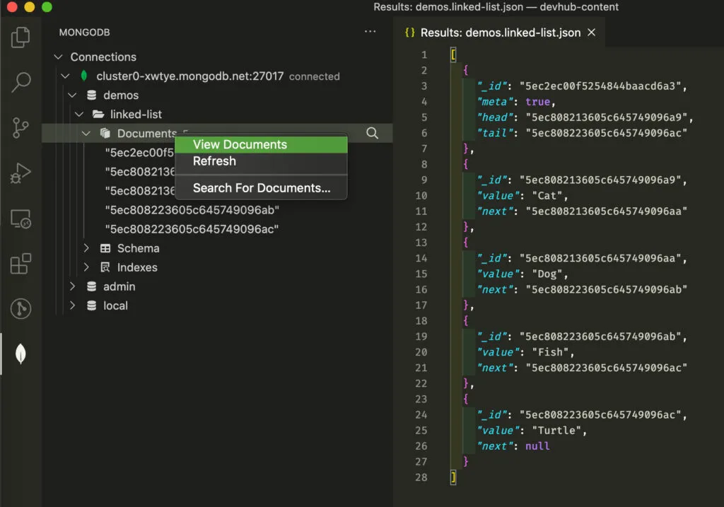 VS Code showing MongoDB linked list documents as JSON with context menu