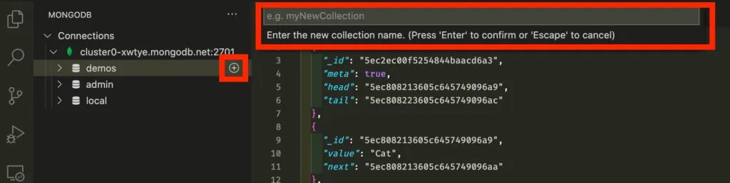 VS Code prompt to enter new MongoDB collection name