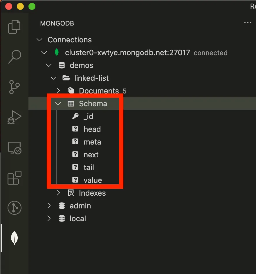 VS Code MongoDB sidebar displaying collection schema fields