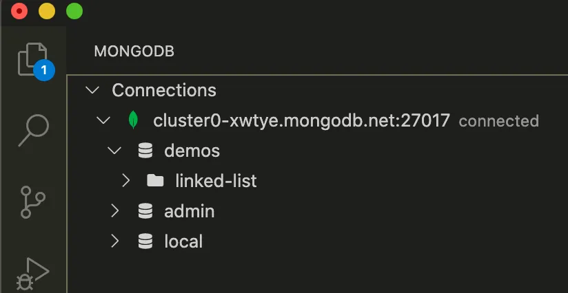 VS Code MongoDB sidebar showing connected cluster with databases listed