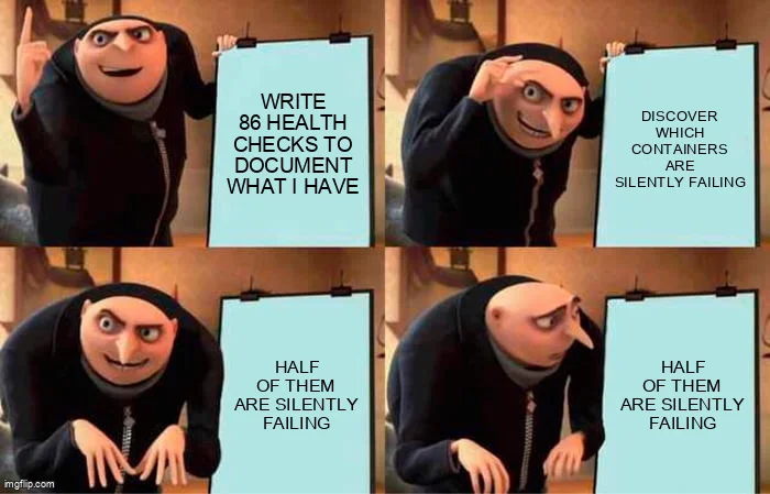 Gru's Plan meme: 'Write 86 health checks to document what I have' / 'Discover which containers are silently failing' / 'Half of them are silently failing' / 'Half of them are silently failing'